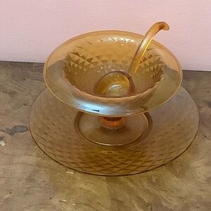 Vintage Mayonnaise Dish - Amber - Etched Design With Under Plate And Ladle. 3pcs